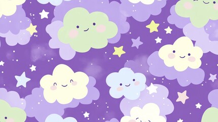 A whimsical pattern featuring smiling clouds and stars on a purple background.