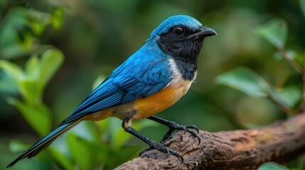 Obraz premium Vivid blue bird perched on a branch, showcasing its vibrant plumage against a lush green background.