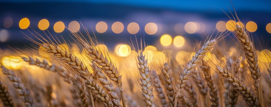 Golden wheat field at dusk with bokeh lights, agriculture and serenity concept