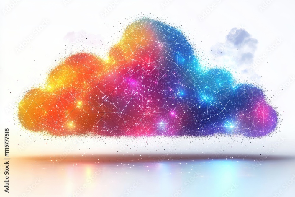 Poster abstract representation of a colorful digital cloud with glowing particles, showcasing the concept o
