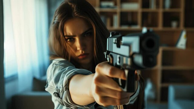 Woman aims firearm indoors amidst soft natural light in a contemporary living room setting