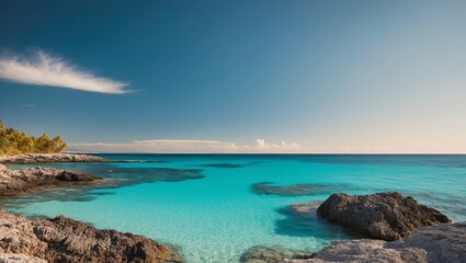 Obraz premium Tropical coastal landscape with turquoise waters and rocky shoreline under a bright blue sky on a serene island.
