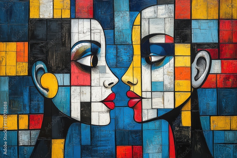 Poster abstract portrait of two faces in bold colors and geometric shapes, emphasizing emotions and connect