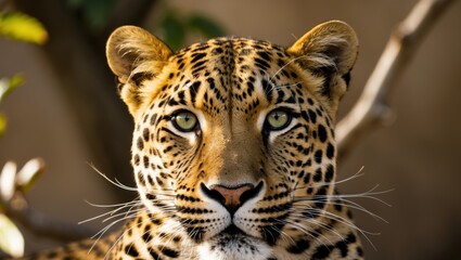 Obraz premium Close up view of a leopard displaying striking features in a natural habitat during daylight.