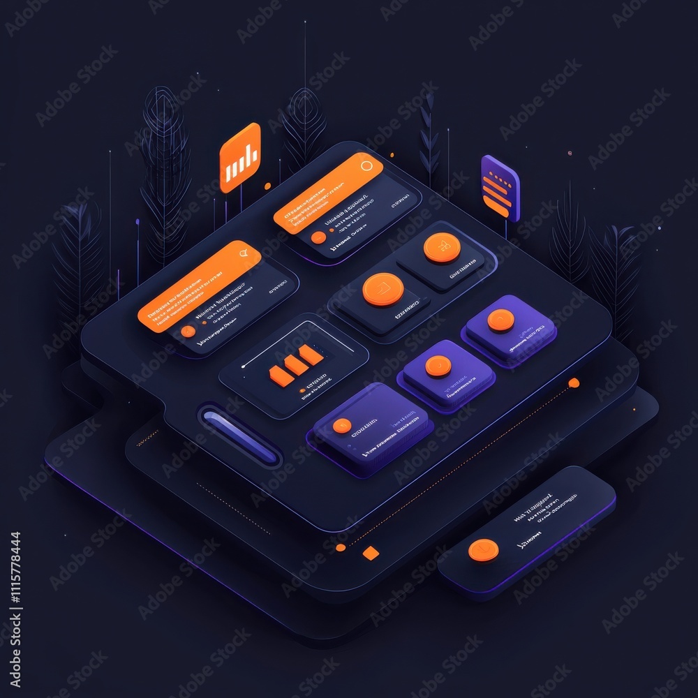 Poster Modern User Interface Design Featuring Data Visualization Elements and Interactive Components in a Dark Theme with Orange Accents