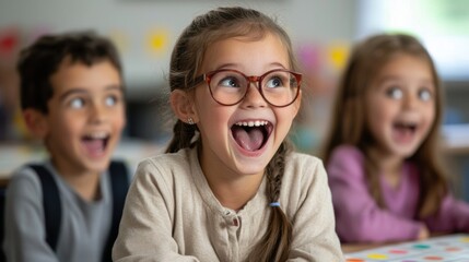 Obraz premium Joyful Children in Classroom Setting Expressing Excitement with Laughter and Smiles, Showcasing the Delight of Learning and Friendship in a Bright Environment