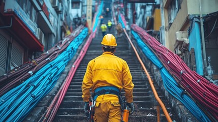 Fototapeta premium Worker in yellow gear ascending colorful cable-covered stairs.