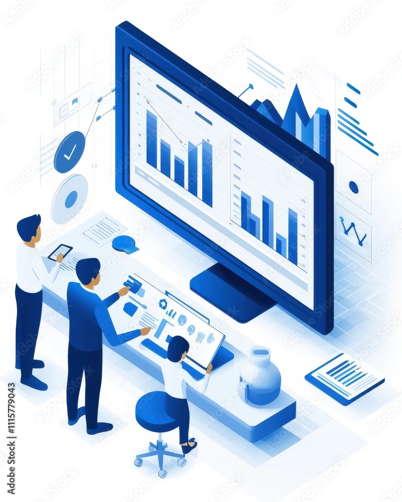 Poster three professionals analyzing data with graphs and charts on a computer screen in a modern office en