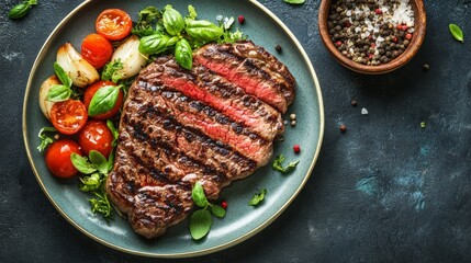 Grilled Steak Delight, an exquisite presentation of a succulent steak adorned with vibrant herbs and fresh vegetables, showcasing culinary mastery for upscale dining experiences.