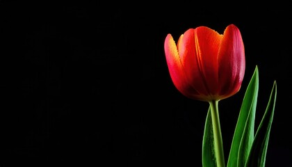 Naklejka premium Radiant Red Tulip on Black. Symbol of Love and Renewal for Valentine’s Day, Spring Equinox, or Garden Inspired Decor. Perfect for Celebrating Nature, Romance, and New Beginnings