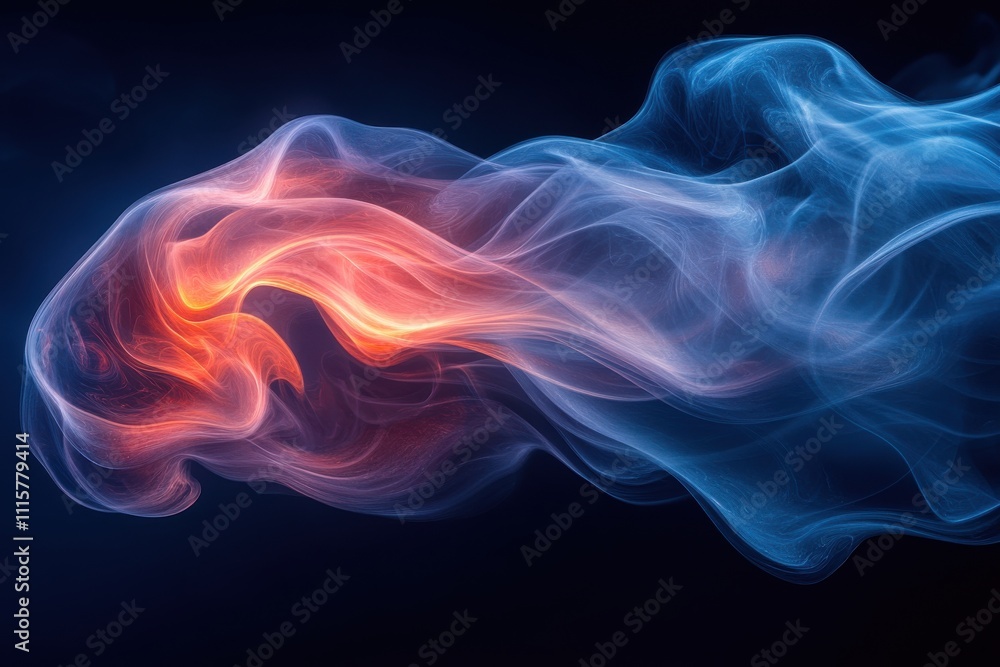 Poster abstract colorful smoke flowing in waves with fiery and cool tones on a dark background, creating a 