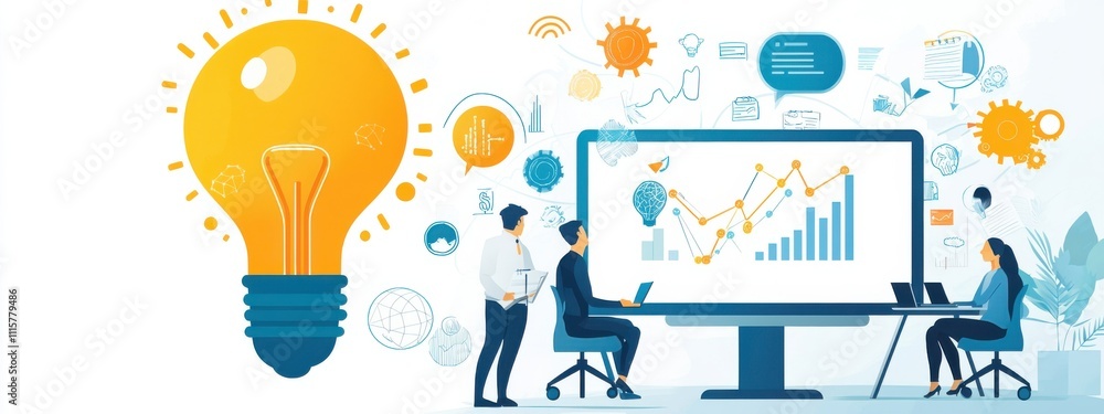 Poster creative business strategy concepts with bulb idea and data visualization, teamwork, and modern tech