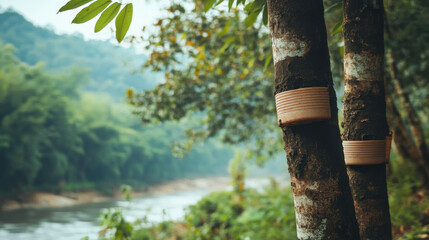 Fototapeta premium Rubber trees with latex collection cups near river, surrounded by lush greenery and mountains, create serene and natural atmosphere