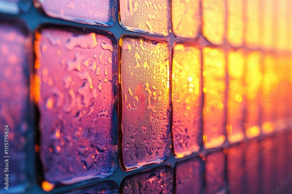 Poster abstract close-up of textured glass panels with colorful reflections and water droplets creating a b