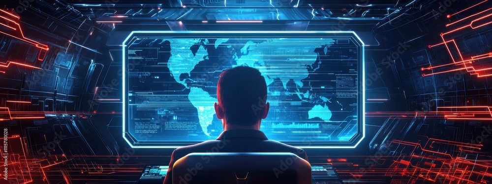 Poster futuristic cybersecurity room with a man analyzing digital world map on a high-tech screen surrounde