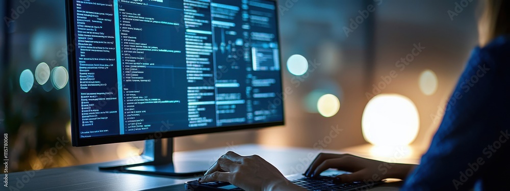 Poster person typing on a computer keyboard in a dark room with code displayed on the screen, illuminated b