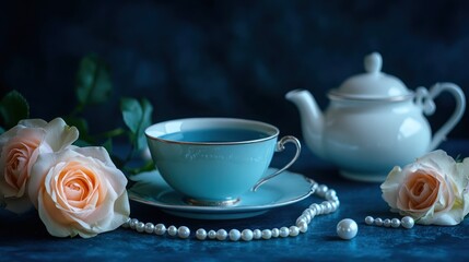 Fototapeta premium Teal teacup, roses, pearls, and teapot on dark blue background.