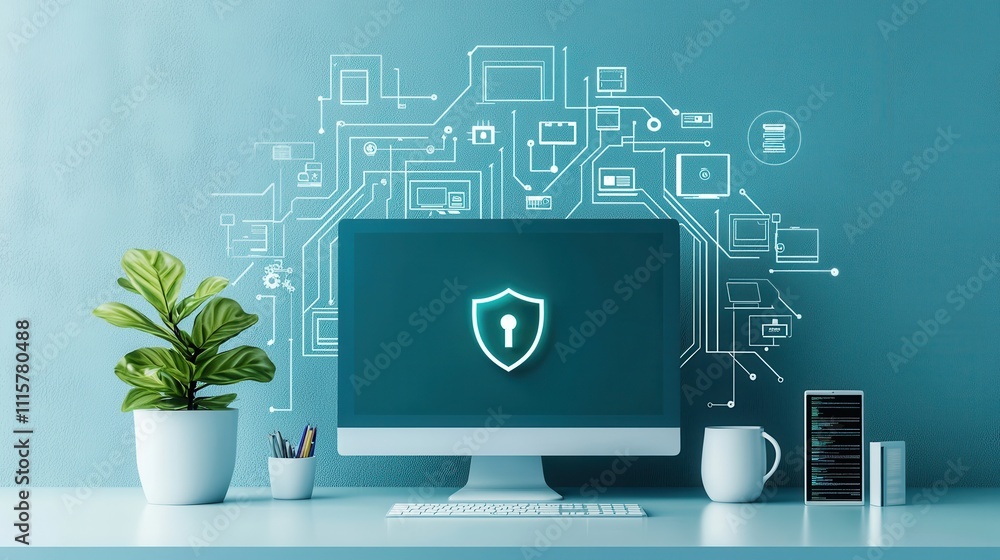 Aufkleber modern workspace with computer displaying security shield icon and digital connections for data prot