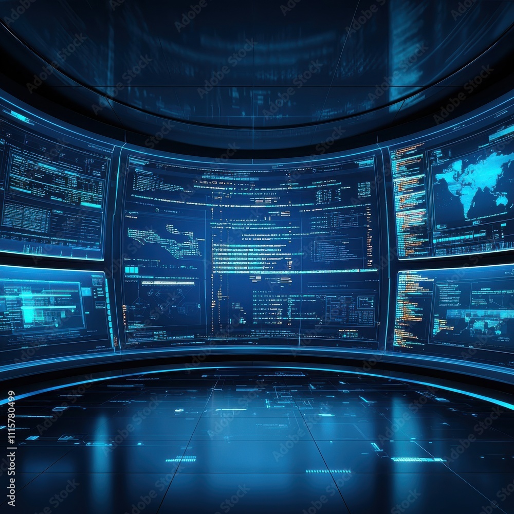 Poster futuristic control room with digital screens displaying data analytics, charts, and graphs for techn