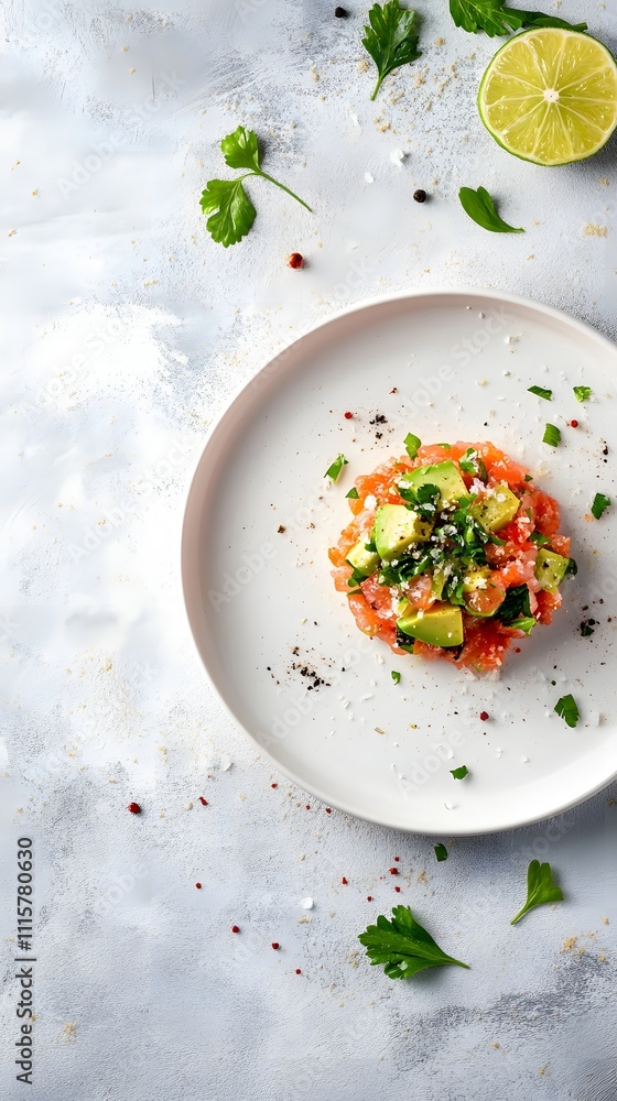 Poster a plate of spicy tuna tartare with avocado and a hint of lime, surrounded by a minimal soft backgrou