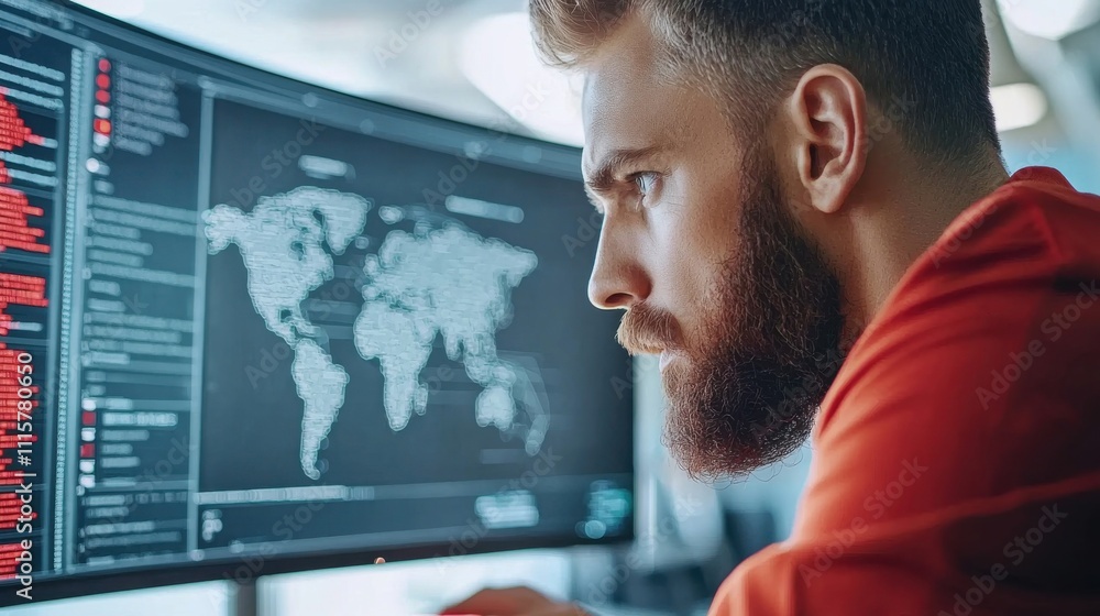 Poster focused young man analyzing global data on computer screen in modern office environment, utilizing h