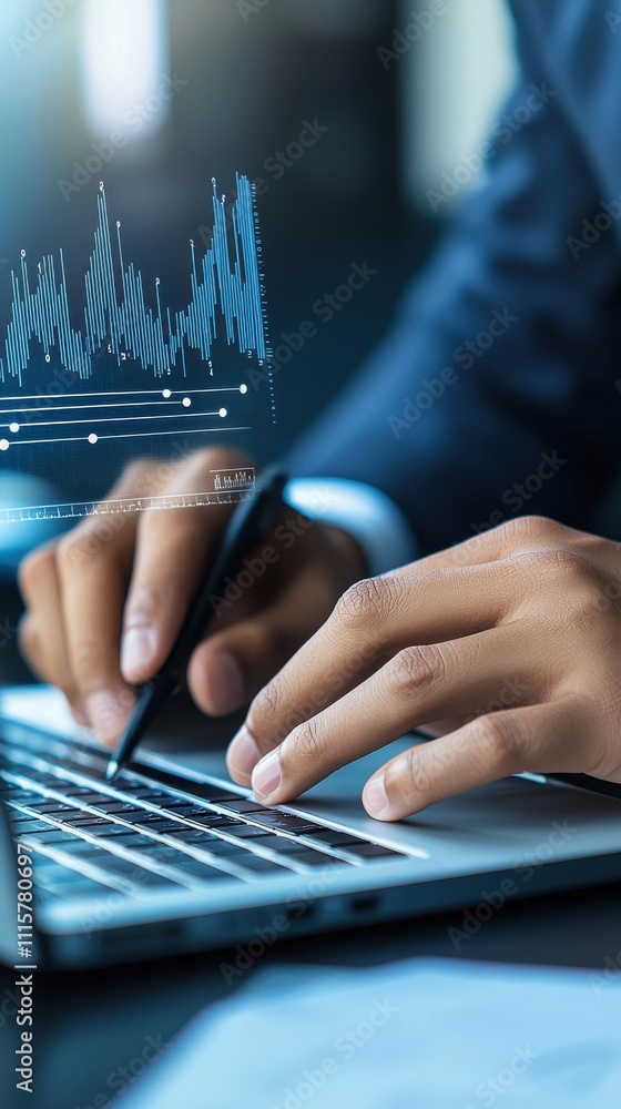 Poster hands of a professional wearing a suit working on a laptop with data analytics graphs in a modern of