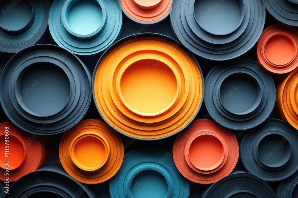 Poster abstract background of colorful circular plates layered in various sizes on a dark surface, creating