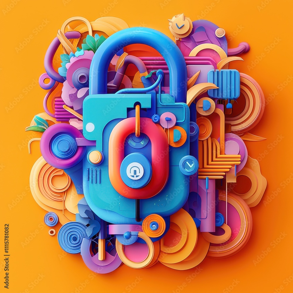 Poster vibrant abstract illustration of a colorful lock surrounded by artistic shapes and patterns on an or