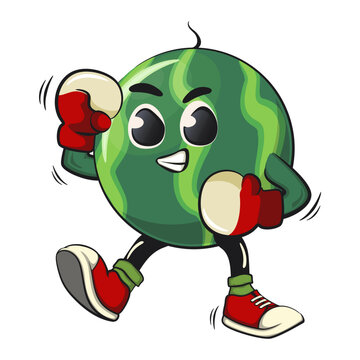 recommend clip art: cute watermelon cartoon character practicing boxing wearing boxing glove, watermelon mascot cute cartoon characters for icon, mascot, logo, label, poster, banner, print, sticker, clip art