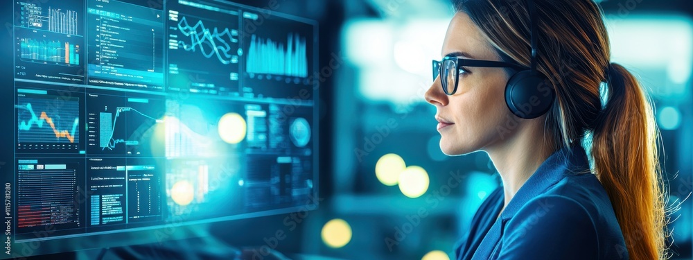 Poster young female analyst in headphones working on data analysis with multiple screens displaying graphs 