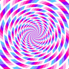 Spiral hypnotic swirl background, optical illusion of movement, vector illustration opt art style, colorful abstract geometric, multicolored psychedelic background, blue pink white colors