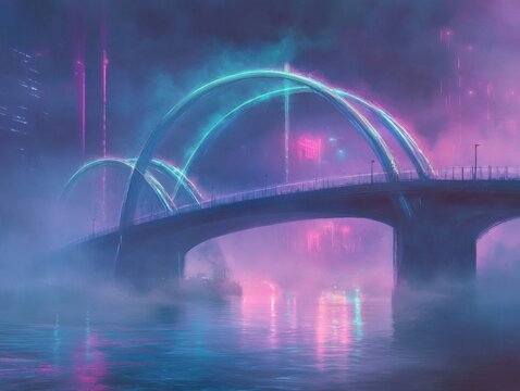 A high-tech bridge spanning a misty river, illuminated by neon arches and swirling smoke, creating an ethereal glow"