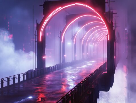 A high-tech bridge spanning a misty river, illuminated by neon arches and swirling smoke, creating an ethereal glow"
