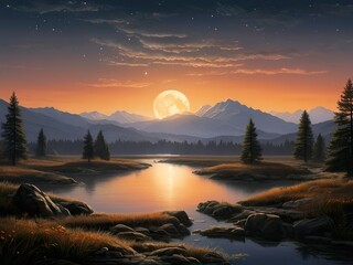 sunrise in the mountains water  sky landscape  sun sunrise  nature  ,Ai generated 