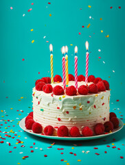 Elegant raspberry-topped birthday cake with colorful striped candles on a teal backdrop, surrounded by falling confetti, celebrating a special moment. Generative AI