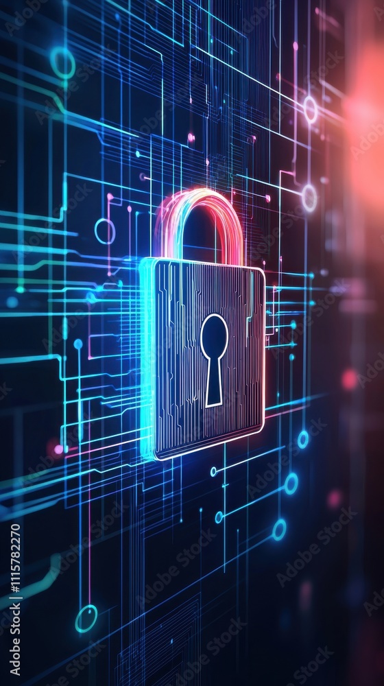 Poster digital padlock symbolizing cybersecurity in a futuristic technology setting, illustrating the conce