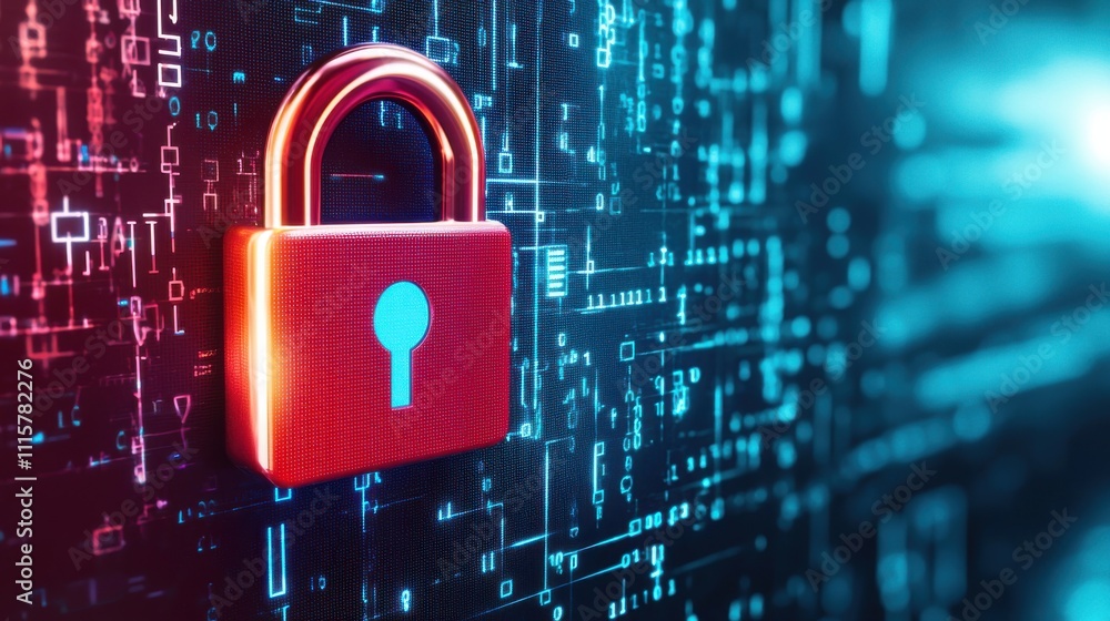 Poster futuristic digital lock symbolizing data security and cyber protection in a high-tech environment, e