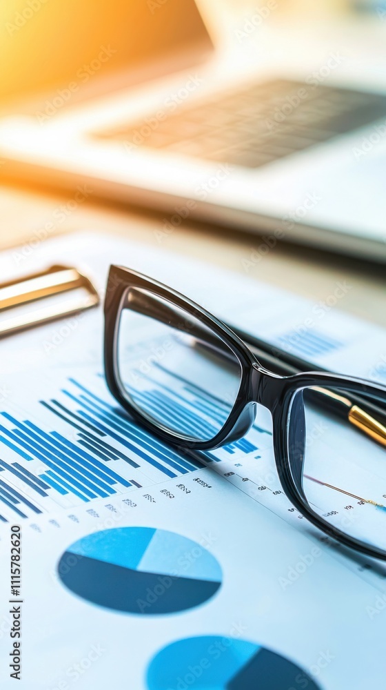 Poster business analysis with graphs and charts on a work desk featuring reading glasses and a laptop in a 