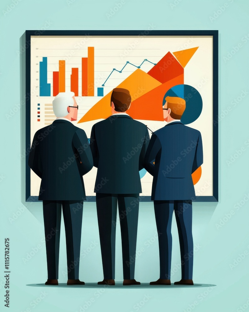 Poster business team analyzing growth metrics in a modern office setting with colorful graphs and charts il