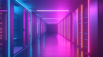 A server room lit with neon lights, with rows of server racks.