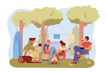 Fototapeta premium Family with two children and a dog at campsite sitting near bonfire flat vector illustration. Family spending time together outdoors.