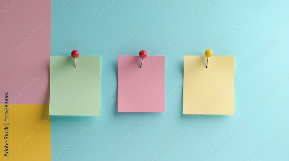 Poster a blue background with blank colored sticky notes and push pins.