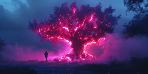 A massive tree covered in glowing neon vines, surrounded by fog and smoke, magical and surreal"