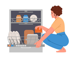 Woman loading dishwasher flat vector illustration isolated on white. House chores.