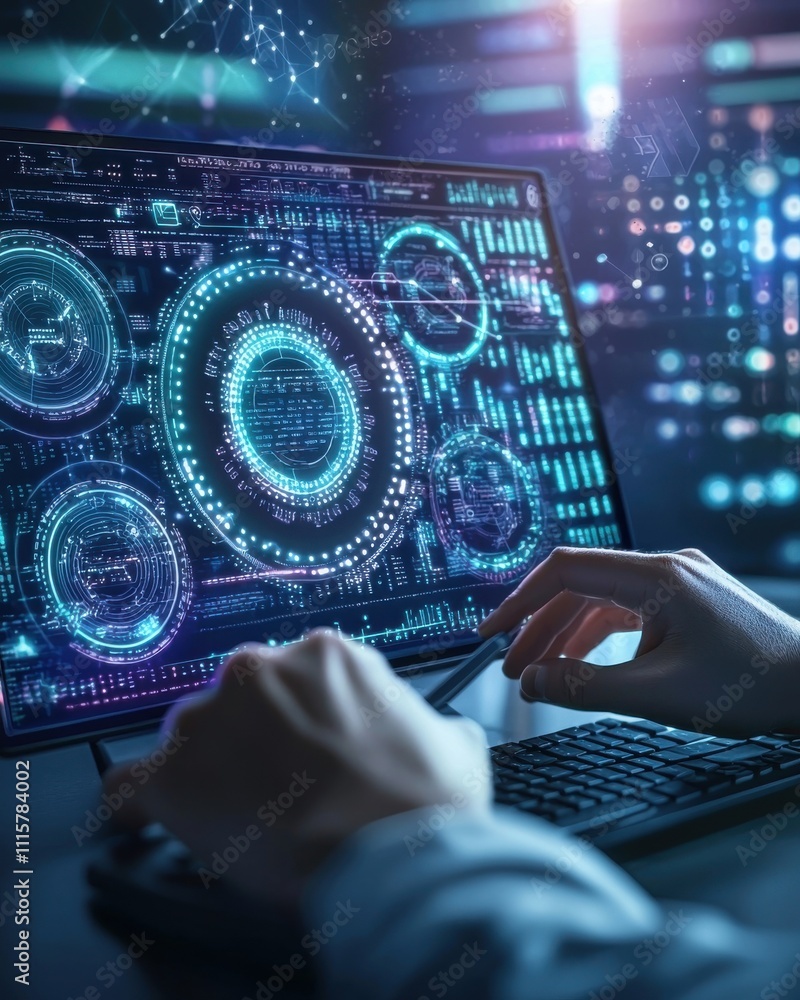 Poster close-up view of hands interacting with futuristic digital interface, displaying data analyses and v