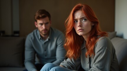 Anxious Redhead on Couch With Man in Tense Background Moment