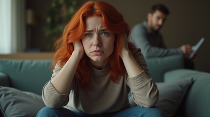 Obraz premium Distressed Woman Sits on Couch While Man Remains Absorbed in Background