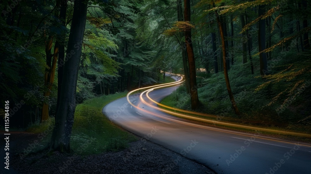 Poster a serene forest road with the abstract patterns of car light trails adding a touch of modernity to t