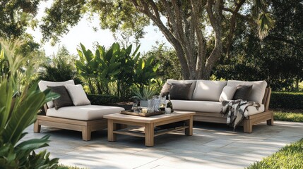 Outdoor Wooden Patio Furniture Set Under Trees