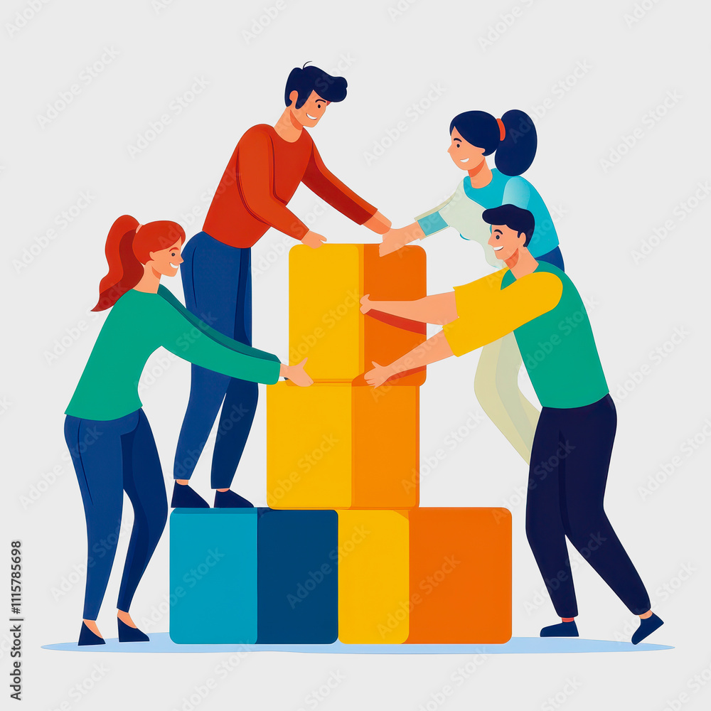 Aufkleber team collaboration for building a structure with colorful cubes in a bright and cheerful office sett